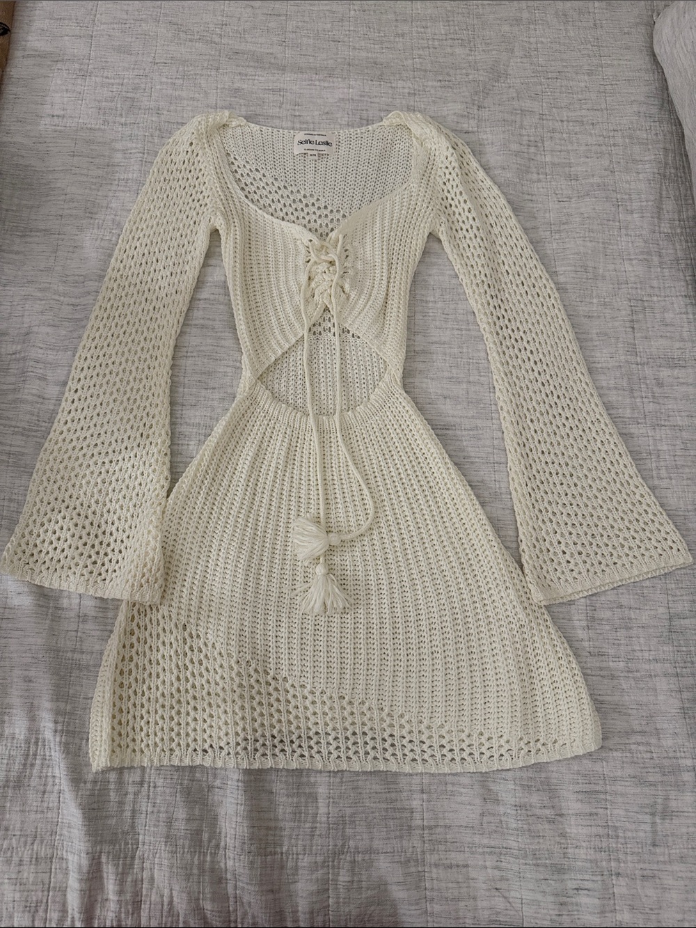 Selfie Leslie Cream Crochet Lace-Up Beach Coverup Dress